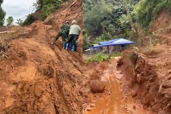 Đường đến điểm trường Trống Sự A của Trường mầm non Suối Lư bị sạt lở đường. truong-mam-non-suoi-lu.jpg