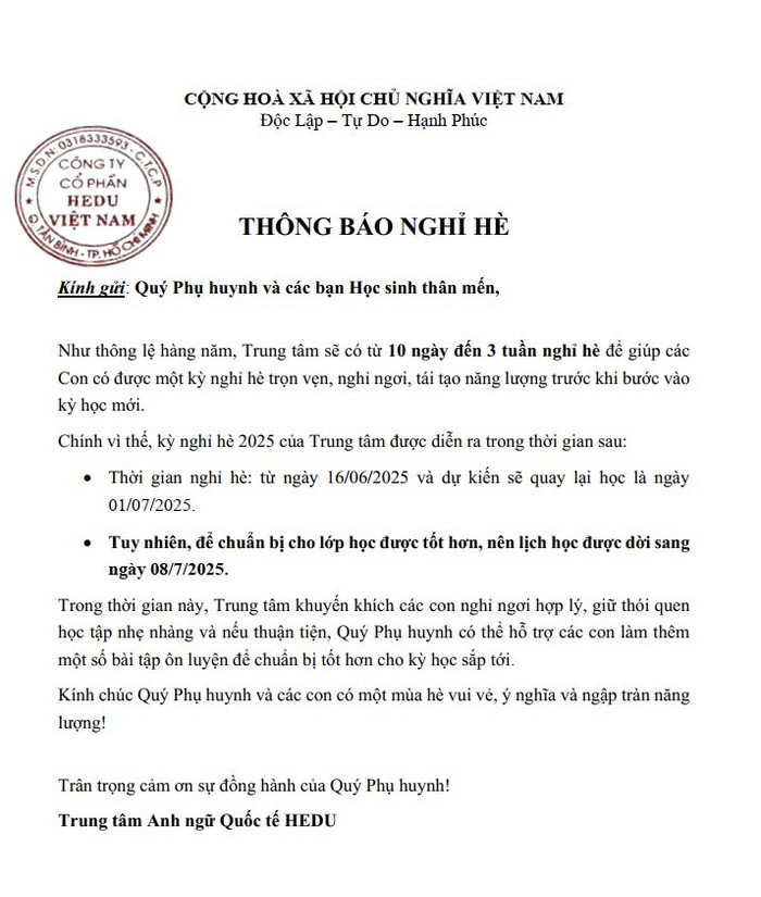 Đơn vị thông báo học sinh được nghỉ hè là Trung tâm Anh ngữ quốc tế HEDU. trung-tam-anh-ngu-aplus-ninh-binh23.jpg