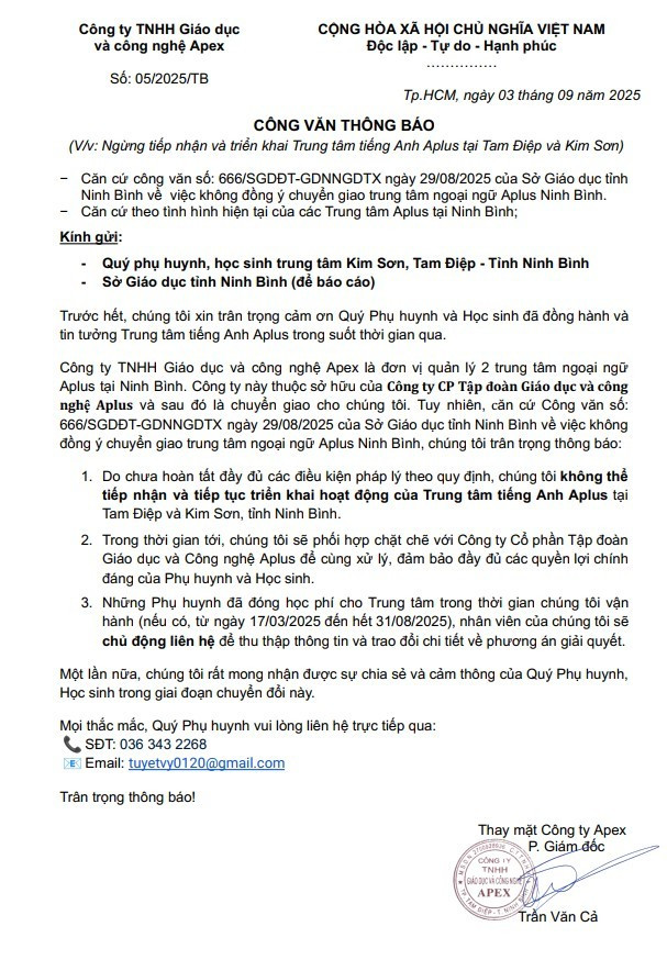 Thông báo phụ huynh nhận được vào ngày 3/9. trung-tam-anh-ngu-apex.jpg