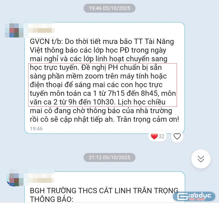 Vào tối 5/10 (Chủ Nhật), giáo viên chủ nhiệm thông báo về buổi học thêm sáng thứ Hai ngày 6/10 tại trung tâm sẽ được nghỉ do mưa bão. Thay vào đó, học sinh sẽ học thêm qua phần mềm Zoom với môn Toán và môn Văn. gdvn-day-them-hoc-sinh-chinh-khoa-trung-hoc-co-so-cat-linh23.jpg