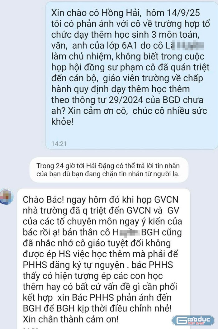 Hiệu trưởng phản hồi phụ huynh về hỏi thông tin việc giáo viên chủ nhiệm tổ chức dạy thêm học sinh chính khóa. image-1.jpg