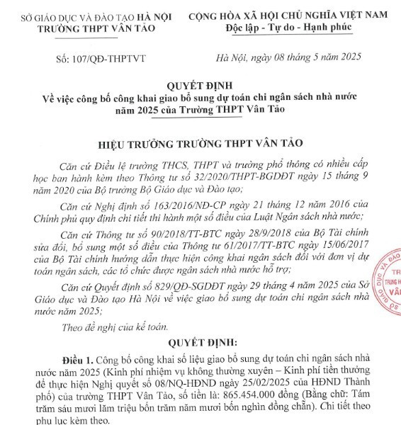 Ngày 8/5 vừa qua, Trường Trung học phổ thông Vân Tảo ban hành Quyết định về việc công bố công khai giao bổ sung dự toán chi ngân sách nhà nước năm 2025 của đơn vị. Trong đó, đơn vị chi 865,4 triệu đồng để thực hiện Nghị quyết 08 của Hội đồng Nhân dân Thành phố Hà Nội. chi-thuong-xuyen.jpg
