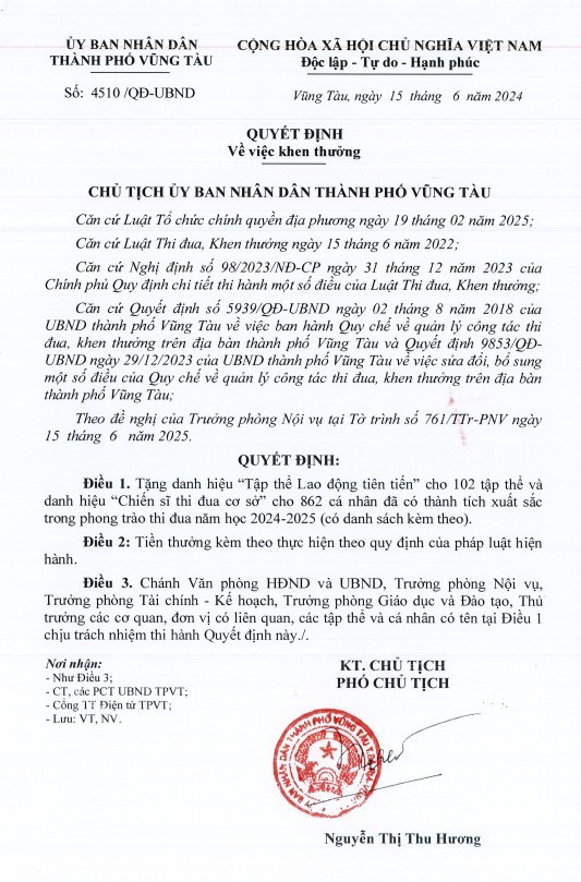 Nội dung Quyết định về việc khen thưởng của Ủy ban Nhân dân thành phố Vũng Tàu được Phòng Giáo dục và Đào tạo gửi đến các trường vào chiều 24/6. vung-tau-xet-danh-hieu-chien-si-thi-dua-co-so23.jpg