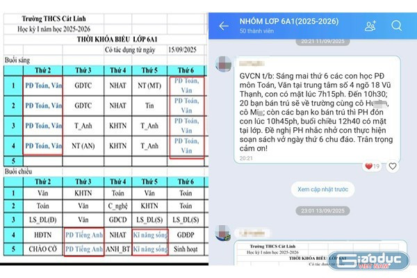 Nội dung tin nhắn của giáo viên chủ nhiệm lớp 6A1 - cô L.T.H. thông báo thời gian học thêm môn Toán, Văn vào sáng mai (thứ Sáu ngày 12/9) và giáo viên gửi lịch học thêm được lồng vào Thời khóa biểu trên trường. Ảnh: PHCC image.jpg