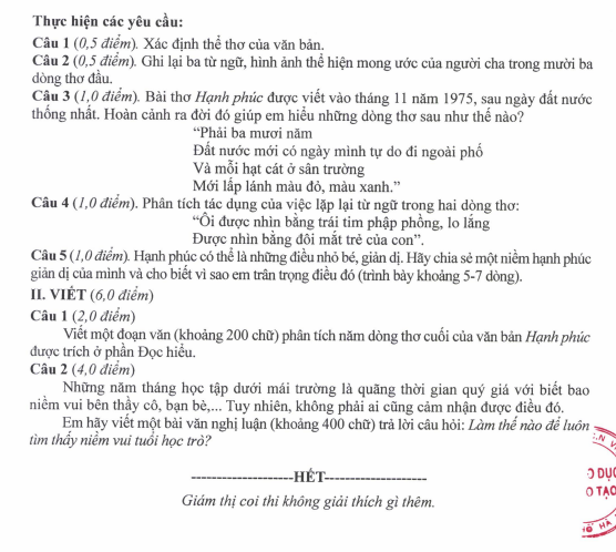 Đề thi môn Ngữ văn. Đề thi môn Ngữ văn.