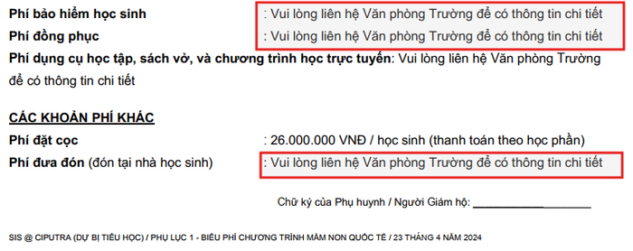 Ảnh chụp màn hình theo biểu mẫu trên website của Trường Tiểu học Quốc tế Singapore (tại Ciputra). Tương tự, biểu mẫu trên website của 2 đơn vị còn lại cũng yêu cầu liên hệ văn phòng trường để biết thông tin phí đồng phục, phí dụng cụ học tập, sách vở, tiền ăn. Ảnh chụp màn hình theo biểu mẫu trên website của Trường Tiểu học Quốc tế Singapore (tại Ciputra). Tương tự, biểu mẫu trên website của 2 đơn vị còn lại cũng yêu cầu liên hệ văn phòng trường để biết thông tin phí đồng phục, phí dụng cụ học tập, sách vở, tiền ăn.