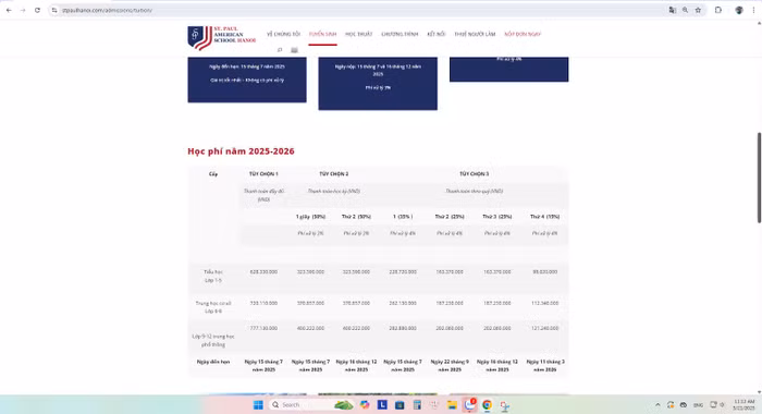 Ảnh chụp màn hình học phí năm học 2025-2026.