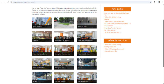 Ví dụ, trên website của Trường Tiểu học Quốc tế Singapore (cơ sở Vạn Phúc), thông tin về cơ sở vật chất chỉ được thể hiện qua hình ảnh, không có chi tiết về diện tích. Ảnh chụp màn hình. Ví dụ, trên website của Trường Tiểu học Quốc tế Singapore (cơ sở Vạn Phúc), thông tin về cơ sở vật chất chỉ được thể hiện qua hình ảnh, không có chi tiết về diện tích. Ảnh chụp màn hình.