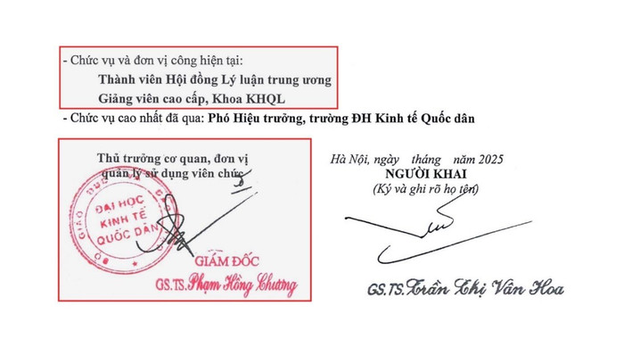 Lý lịch khoa học năm 2025 của Giáo sư Trần Thị Vân Hoa vẫn do Giám đốc Đại học Kinh tế Quốc dân kí và đóng dấu. Ảnh chụp màn hình screenshot-2025-08-14-093603.jpg