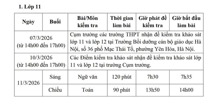 Chi tiết thời gian và bài kiểm tra khảo sát đối với học sinh lớp 11. Ảnh chụp màn hình.