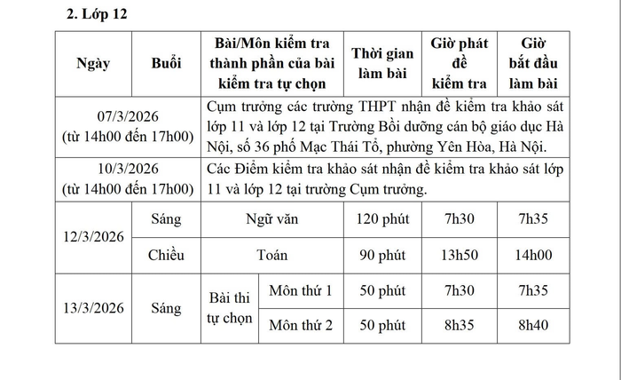 Chi tiết thời gian và bài kiểm tra khảo sát đối với học sinh lớp 12. Ảnh chụp màn hình.