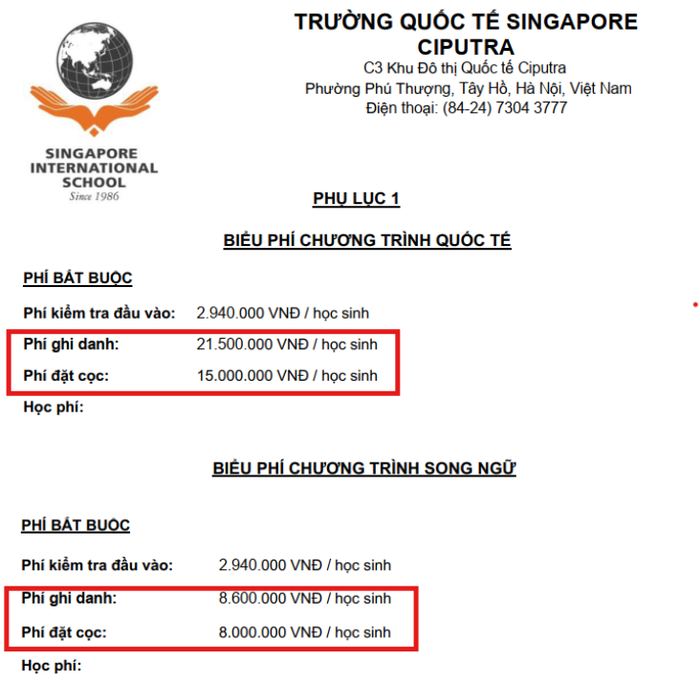Ảnh chụp màn hình theo biểu mẫu trên website Trường Tiểu học Quốc tế Singapore (tại Ciputra). Tương tự, 2 đơn vị còn lại đều có biểu mẫu quy định thu phí ghi danh và phí đặt cọc. Ảnh chụp màn hình theo biểu mẫu trên website Trường Tiểu học Quốc tế Singapore (tại Ciputra). Tương tự, 2 đơn vị còn lại đều có biểu mẫu quy định thu phí ghi danh và phí đặt cọc.