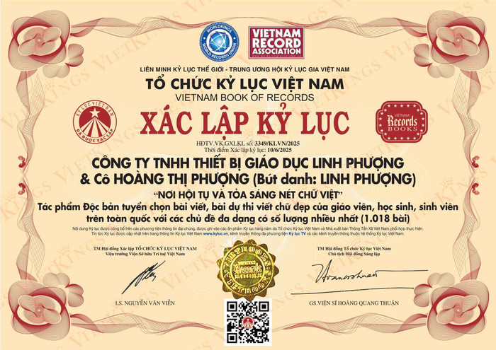 Tổ chức Kỷ lục Việt Nam trao bằng xác lập Kỷ lục cho tác phẩm độc bản “Nơi hội tụ và tỏa sáng nét chữ Việt”. ky-luc.jpg