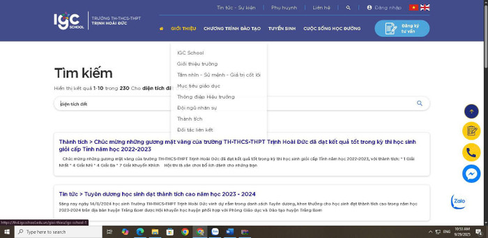 Phóng viên không tìm thấy thông tin công khai về diện tích đất trên website nhà trường. Ảnh chụp màn hình. ko-thay-s-dat.jpg