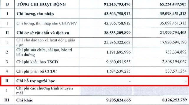 Trường Tiểu học - Trung học cơ sở - Trung học phổ thông Trịnh Hoài Đức (Đồng Nai) bỏ trống mục chi hỗ trợ người học tại Báo cáo thường niên năm 2024. Ảnh chụp màn hình. chi-ho-tro-thd1.jpg