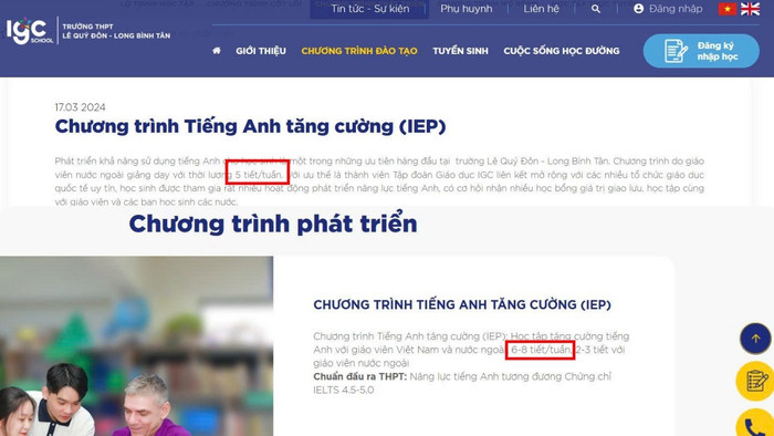 Chênh lệch về số tiết học do giáo viên nước ngoài giảng dạy ở các bài đăng của trường. Ảnh chụp màn hình. ct-ta.jpg