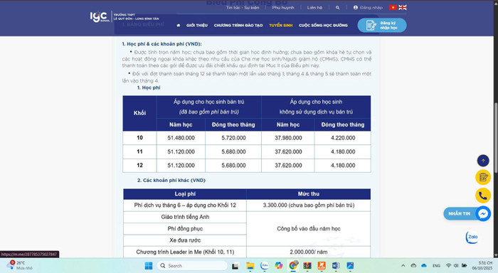 Biểu phí được Trường Trung học phổ thông Lê Quý Đôn - Long Bình Tân (Đồng Nai) đăng tải trên website nhà trường. Ảnh chụp màn hình. bieu-phi-lqd.jpg