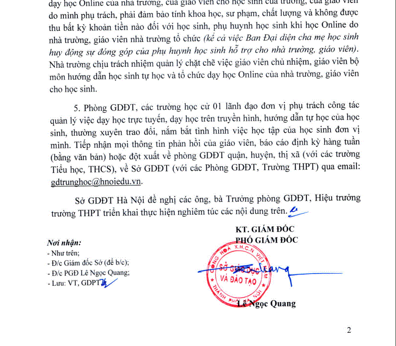 Ảnh chụp màn hình trang 2 văn bản số 769/SGDĐT-GDPT chỉ đạo các trường phổ thông trên địa bàn tổ chức dạy online phải đảm bảo chất lượng, nhưng không được thu tiền, đang có những cách hiểu khác nhau.