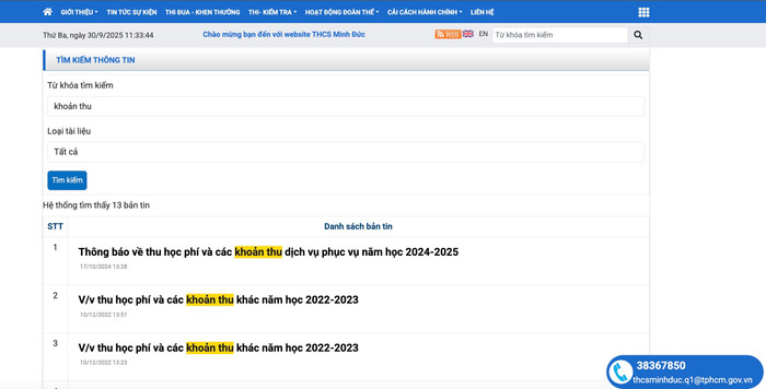 Khi tìm kiếm từ khóa "khoản thu", website hiện thị 13 kết quả, trong đó có "Thông báo về thu học phí và các khoản thu dịch vụ phục vụ năm học 2024-2025". Ảnh chụp màn hình screenshot-2025-09-30-at-113344.jpg