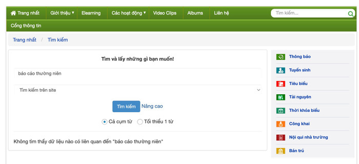 Tìm kiếm từ khóa "báo cáo thường niên" trên website Trường Tiểu học Nguyễn Du (phường Hà Đông, Hà Nội), hệ thống hiển thị không có dữ liệu nào liên quan. Ảnh chụp màn hình screenshot-2025-10-03-at-111444.jpg