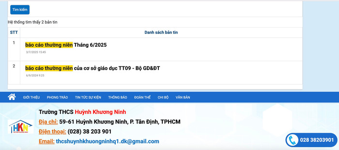 Tra cứu từ khóa "báo cáo thường niên", website Trường Trung học cơ sở Huỳnh Khương Ninh cho ra 2 kết quả. Ảnh chụp màn hình screenshot-2025-09-29-at-113126.jpg