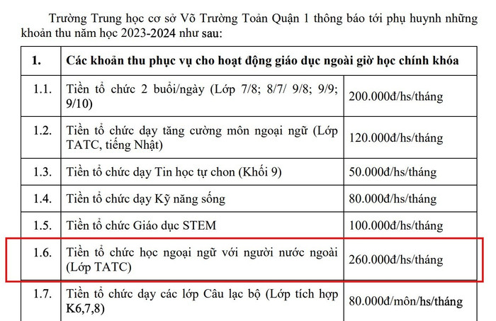 Mức thu "Tiền tổ chức học ngoại ngữ với người nước ngoài (Lớp TATC)" năm học 2023-2024 của Trường Trung học cơ sở Võ Trường Toản. Ảnh chụp màn hình. vtt-2023-24.jpg