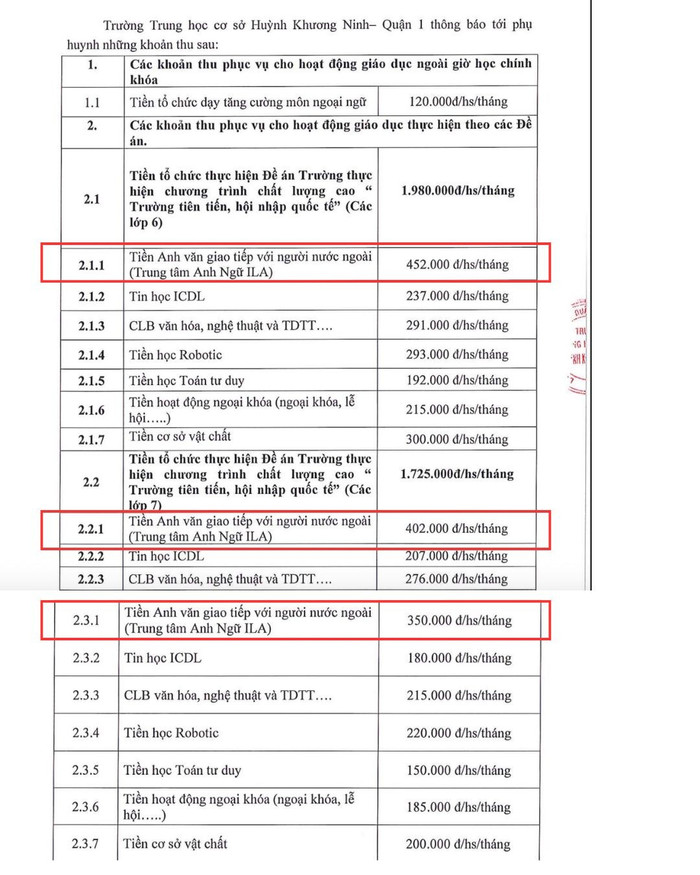Các khoản thu năm học 2024-2025 của Trường Trung học cơ sở Huỳnh Khương Ninh. Ảnh chụp màn hình hkn-2024-2025.jpg