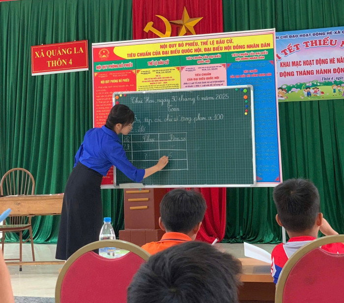 Bàn Thị Ngọc trong một buổi dạy môn Toán cho các em nhỏ. Ảnh: NVCC 526313585-724773513735887-987875344036360685-n.jpg