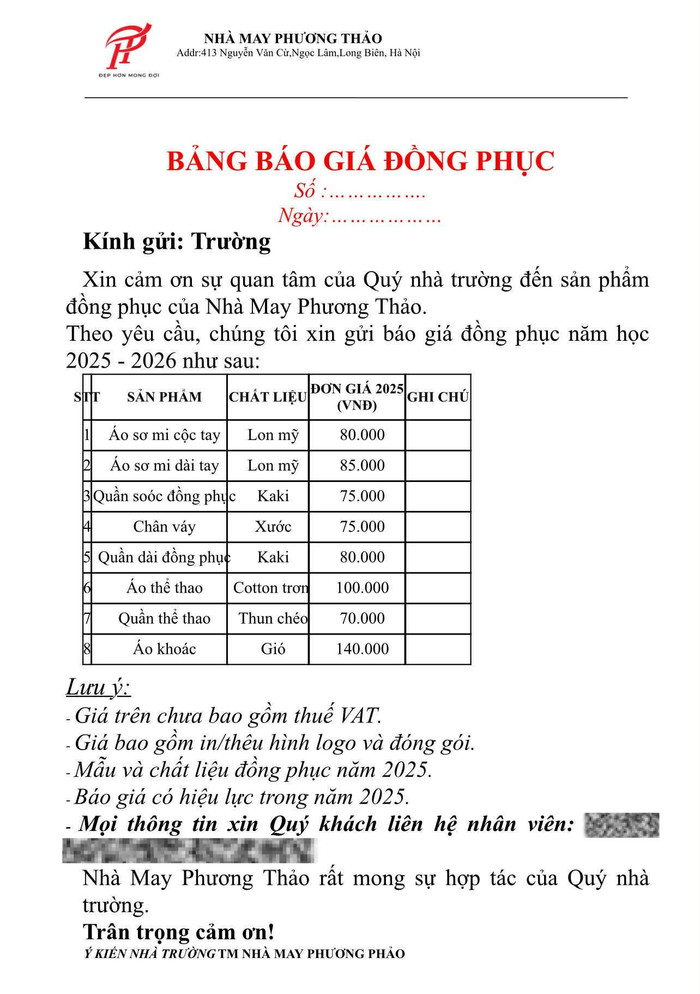Bảng báo giá đồng phục của Công ty Đồng phục Phương Thảo năm 2025 do nhân viên kinh doanh cung cấp cho người viết. bang-gia.jpg