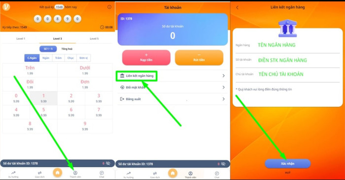Góc ngoài cùng bên trái màn hình là giao diện hệ thống website của những kẻ lừa đảo. Tiếp đó là thủ tục liên kết tài khoản ngân hàng, người dùng liên kết bằng cách nhập tên ngân hàng - số tài khoản và tên chủ tài khoản. (Ảnh: NVCC) Góc ngoài cùng bên trái màn hình là giao diện hệ thống website của những kẻ lừa đảo. Tiếp đó là thủ tục liên kết tài khoản ngân hàng, người dùng liên kết bằng cách nhập tên ngân hàng - số tài khoản và tên chủ tài khoản. (Ảnh: NVCC)