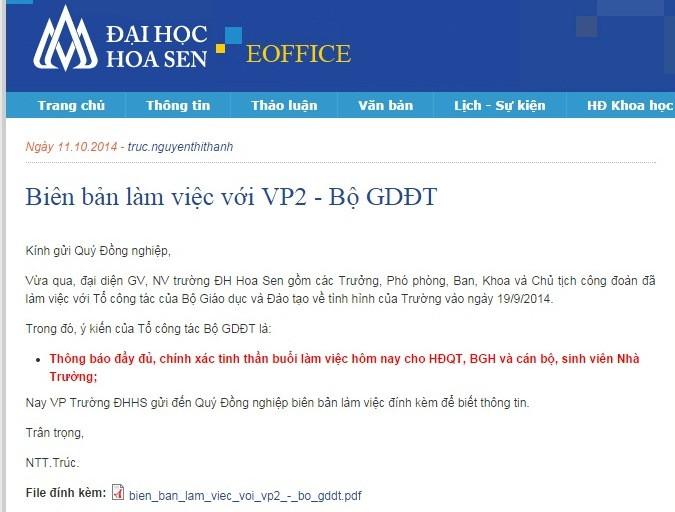 (Hình chụp cắt lại thông tin này trên trang nội bộ GVNV Đại học Hoa Sen – Eoffice) (Hình chụp cắt lại thông tin này trên trang nội bộ GVNV Đại học Hoa Sen – Eoffice)