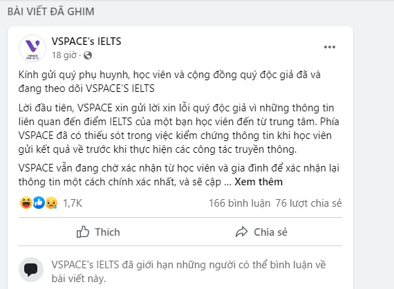 Fanpage của trung tâm VSPACE đã đăng tải thông tin, gửi lời xin lỗi đến độc giả vì những thông tin liên quan đến điểm Ielts của học viên H.T.T.H Fanpage của trung tâm VSPACE đã đăng tải thông tin, gửi lời xin lỗi đến độc giả vì những thông tin liên quan đến điểm Ielts của học viên H.T.T.H