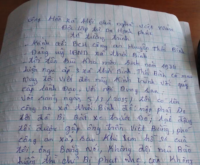 Đơn trình bày của ông Mơn gửi Công an huyện Thới Bình. Ảnh: Trúc Linh