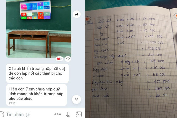 Đoạn tin nhắn của Ban đại diện phụ huynh thúc giục các cha mẹ đóng quỹ để mua sắm các trang thiết bị cho lớp (bên trái ảnh), và thông tin các khoản mua sắm cho lớp (bên phải ảnh). (Ảnh: MXH)