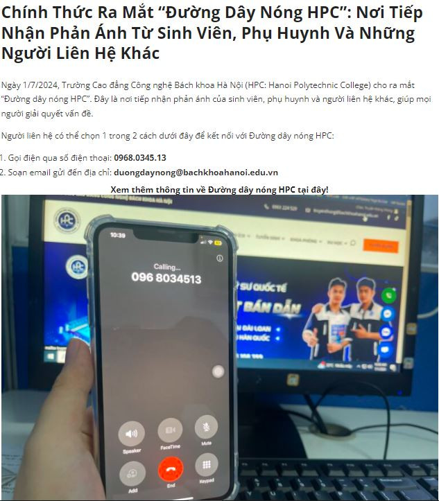 Kể từ ngày 1/7, nhà trường thành lập "đường dây nóng" để tiếp nhận những phản ánh, kiến nghị của sinh viên, phụ huynh liên quan đến hoạt động đào tạo của đơn vị thông qua số điện thoại 0968.0345.13. Ảnh: website nhà trường. Kể từ ngày 1/7, nhà trường thành lập "đường dây nóng" để tiếp nhận những phản ánh, kiến nghị của sinh viên, phụ huynh liên quan đến hoạt động đào tạo của đơn vị thông qua số điện thoại 0968.0345.13. Ảnh: website nhà trường.