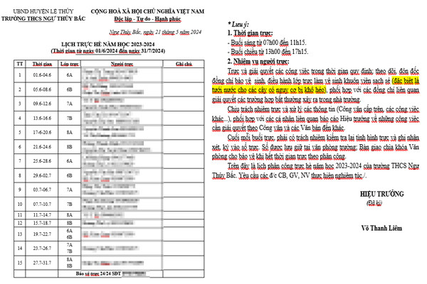 Lịch trực hè năm học 2023-2024 (từ ngày 1/6 đến ngày 31/7/2024) tại Trường Trung học cơ sở Ngư Thủy Bắc. (Ảnh: GVCC) truc-he-23.jpg