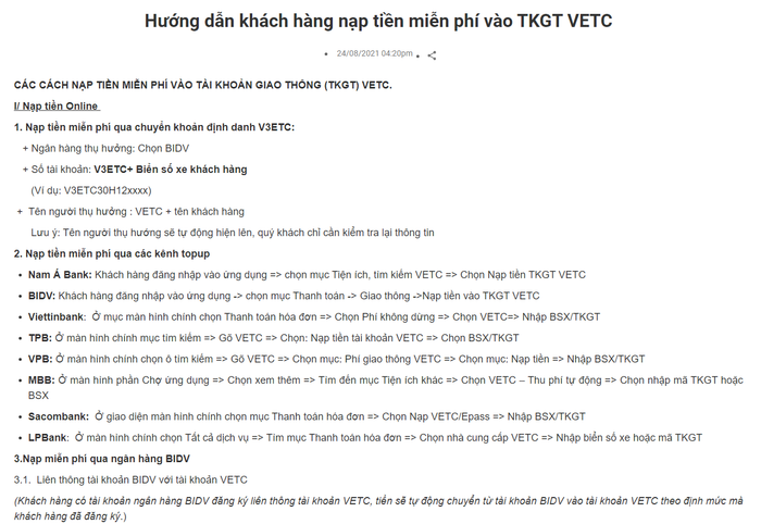 Các hình thức nạp tiền miễn phí vào tài khoản giao thông VETC (Ảnh: VETC) nap-tien-etc.png