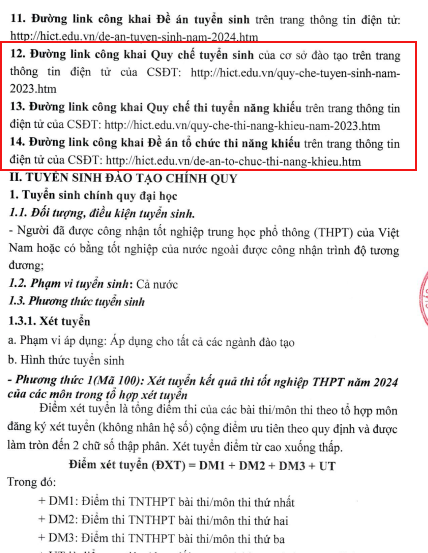 Tại Đề án tuyển sinh năm 2024, Trường Đại học Công nghệ Dệt may Hà Nội công khai đường link quy chế tuyển sinh, quy chế thi của năm 2023 và Đề án thi năng khiếu năm 2024. link-cong-khai-hict.png