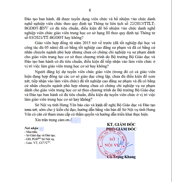 Công văn 789/SNV- CCVC Sở Nội vụ Hưng Yên gửi đến Bộ Giáo dục và Đào tạo về những vướng mắc trong xét tuyển đặc cách giáo viên. (Ảnh: NVCC) Công văn 789/SNV- CCVC Sở Nội vụ Hưng Yên gửi đến Bộ Giáo dục và Đào tạo về những vướng mắc trong xét tuyển đặc cách giáo viên. (Ảnh: NVCC)