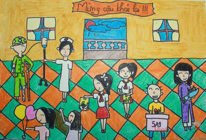 Ước mơ con khi vẽ bức tranh này là, mỗi bạn cầm trên tay một túi quà ủng hộ cho bạn mặc bệnh năng để bạn ấy sớm khỏi bệnh