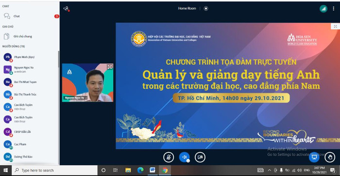 Chương trình tọa đàm trực tuyến về "Quản lý và dạy học tiếng Anh trong các trường đại học, cao đẳng phía Nam". (Ảnh: Phạm Minh) Chương trình tọa đàm trực tuyến về "Quản lý và dạy học tiếng Anh trong các trường đại học, cao đẳng phía Nam". (Ảnh: Phạm Minh)