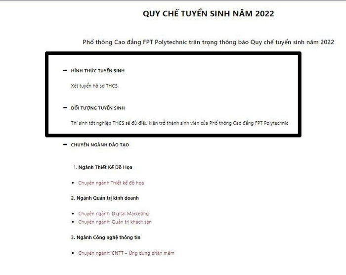 Quy chế tuyển sinh năm 2022 của Phổ thông Cao đẳng FPT Polytechnic ghi đối tượng tuyển sinh: Thí sinh tốt nghiệp Trung học cơ sở sẽ đủ điều kiện trở thành sinh viên Phổ thông cao đẳng FPT Polytechnic. (Ảnh: Cắt từ màn hình)