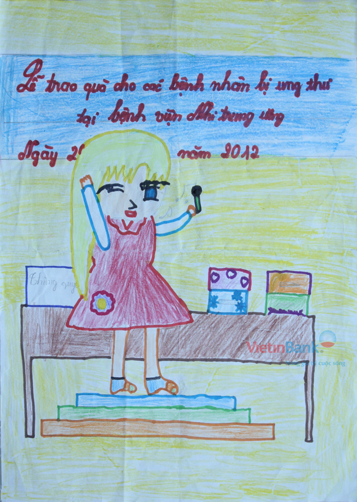 Em ước mơ trở thành ca sĩ để dạy nhạc cho những trẻ em thiệt thòi không được đến trường như các bạn khác và những trẻ em bị ung thư. Trong bức tranh em vẽ em lên sân khấu hát trong một buổi lễ trao quà cho các em bị ung thư Em ước mơ trở thành ca sĩ để dạy nhạc cho những trẻ em thiệt thòi không được đến trường như các bạn khác và những trẻ em bị ung thư. Trong bức tranh em vẽ em lên sân khấu hát trong một buổi lễ trao quà cho các em bị ung thư