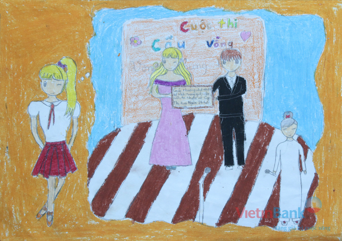 Em ước mơ trở thành nhà thiết kế thời trang. Bức tranh vẽ một bạn học sinh đang nghĩ đến nghề bạn muốn làm khi đã lớn