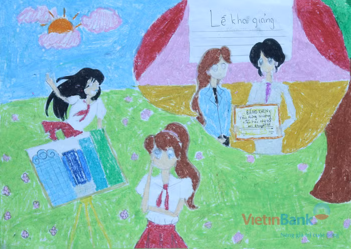 Bức tranh nói về ước mơ trở thành kiến trúc sư của em. Sau này, em sẽ xây dựng các trường tiểu học cho các bạn học sinh khuyết tật, để các bạn ấy cũng có thể đi học như chúng em bây giờ