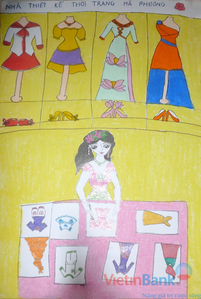 Em vẽ tương lai sau này lớn lên em sẽ trở thành nhà thiết kế thời trang. Thông điệp em muốn gửi tới các bạn là: Có bạn nào cùng chung ước mơ với mình không? Mình ước sẽ trở thành nhà thiết kế thời trang thật giỏi để thiết kế ra nhiều bộ trang phục đẹp, và đặc biệt mình sẽ thiết kế dành tặng riêng cho các bạn những bộ trang phục thật đáng yêu và ngộ nghĩnh.