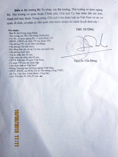 Quyết định công nhận Ngày truyền thống Luật sư Việt Nam của Thủ tướng Chính phủ.