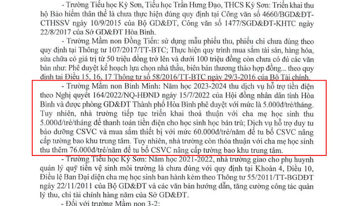 Trường Mầm non Bình Minh trong năm học 2023-2024 đã thu thêm tiền điện và tiền duy tu bảo dưỡng cơ sở vật chất. (Ảnh: cắt màn hình) mam-non-binh-minh-tp-hoa-binh.JPG