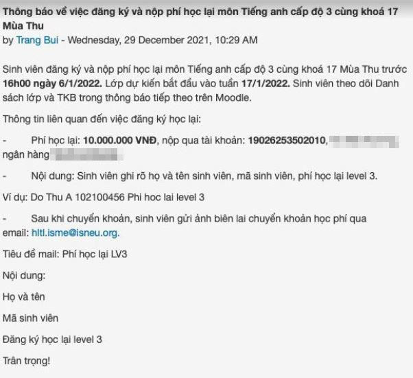 Tin nhắn thông báo từ cán bộ quản lý sinh viên nhà trường đến đối tượng học lại tiếng Anh cấp độ 3, đề nghị chuyển phí 10 triệu đồng vào số tài khoản của bà V.M.H (Ảnh: NVCC) Tin nhắn thông báo từ cán bộ quản lý sinh viên nhà trường đến đối tượng học lại tiếng Anh cấp độ 3, đề nghị chuyển phí 10 triệu đồng vào số tài khoản của bà V.M.H (Ảnh: NVCC)