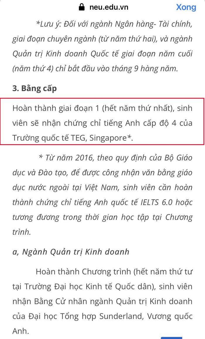 Theo thông báo tuyển sinh của nhà trường, các sinh viên học xong năm nhất sẽ được nhận chứng chỉ tiếng Anh cấp độ 4 của Trường quốc tế TEG, Singapore. Để hoàn thành chứng chỉ với 4 cấp độ này, sinh viên phải đóng học phí trên 50 triệu đồng (Ảnh: NVCC) Theo thông báo tuyển sinh của nhà trường, các sinh viên học xong năm nhất sẽ được nhận chứng chỉ tiếng Anh cấp độ 4 của Trường quốc tế TEG, Singapore. Để hoàn thành chứng chỉ với 4 cấp độ này, sinh viên phải đóng học phí trên 50 triệu đồng (Ảnh: NVCC)